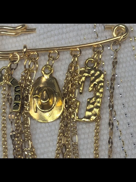 Charm Safety Pin Brooch Western Cowgirl Statement Pin Dangle Chain Brooch - Picture 5 of 8